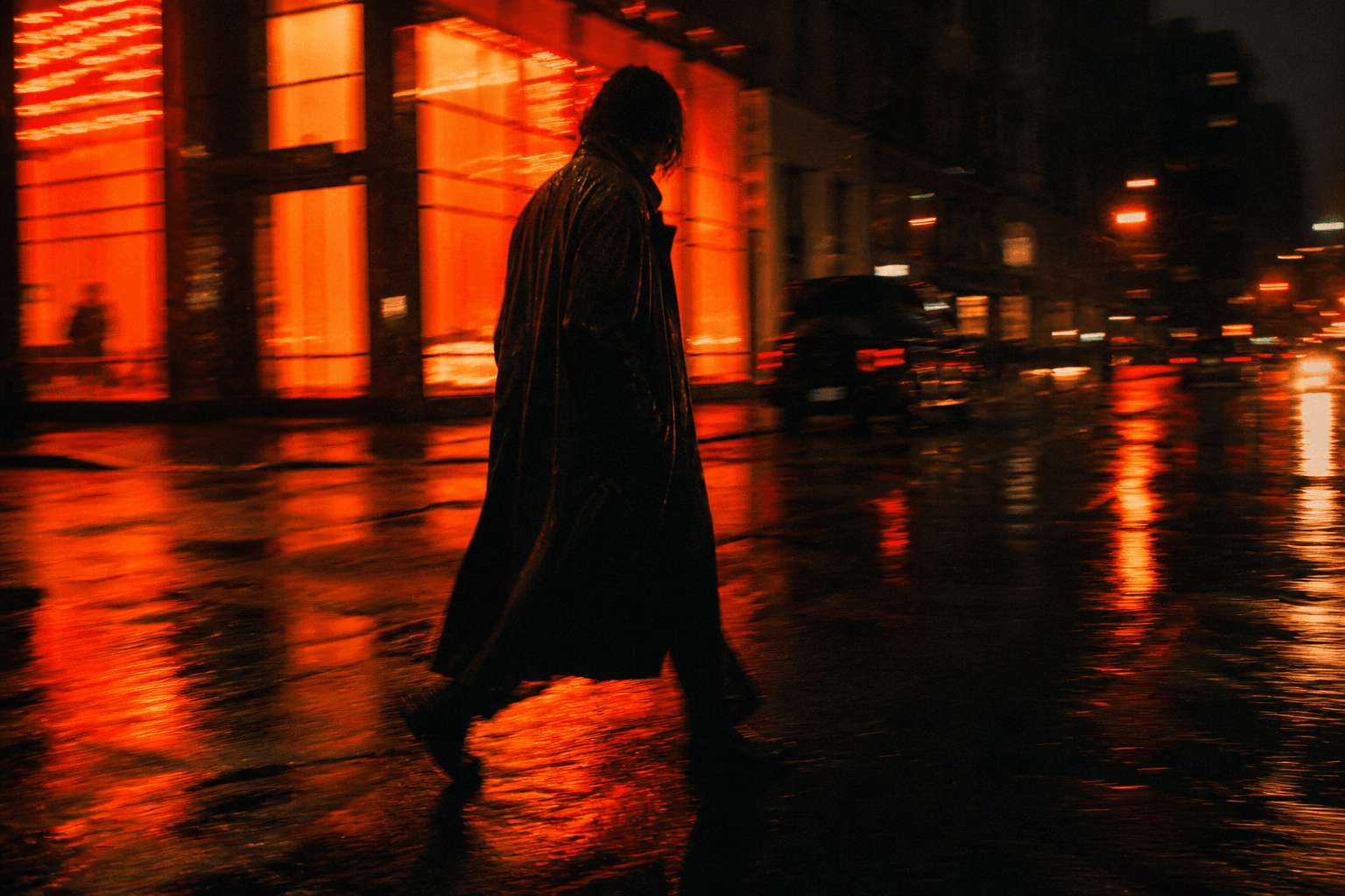 Night street in rain under papaya-colored neon