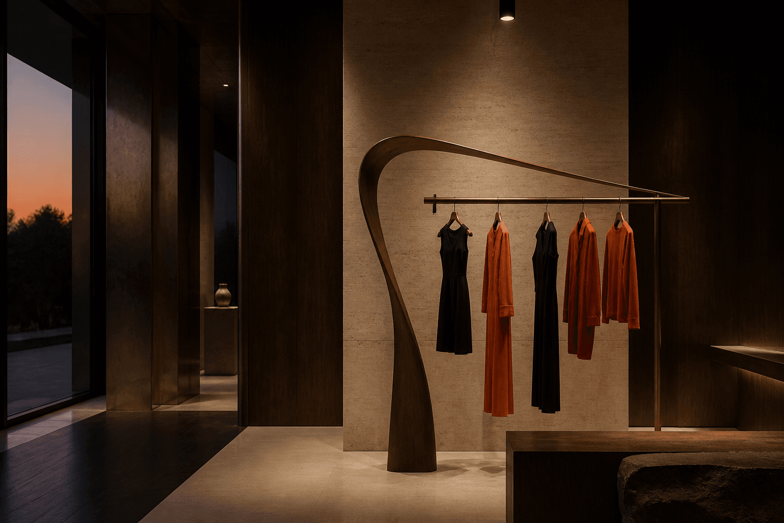 Quiet luxury boutique with a single sculptural rail