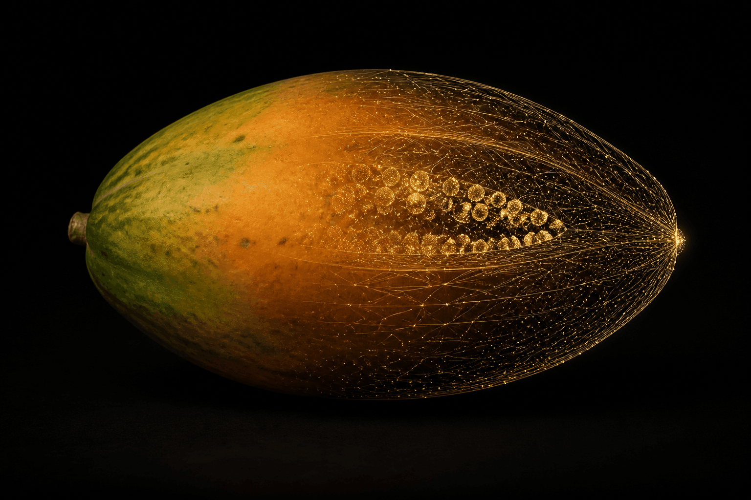 Papaya in a dark studio overlaid with a glowing wireframe