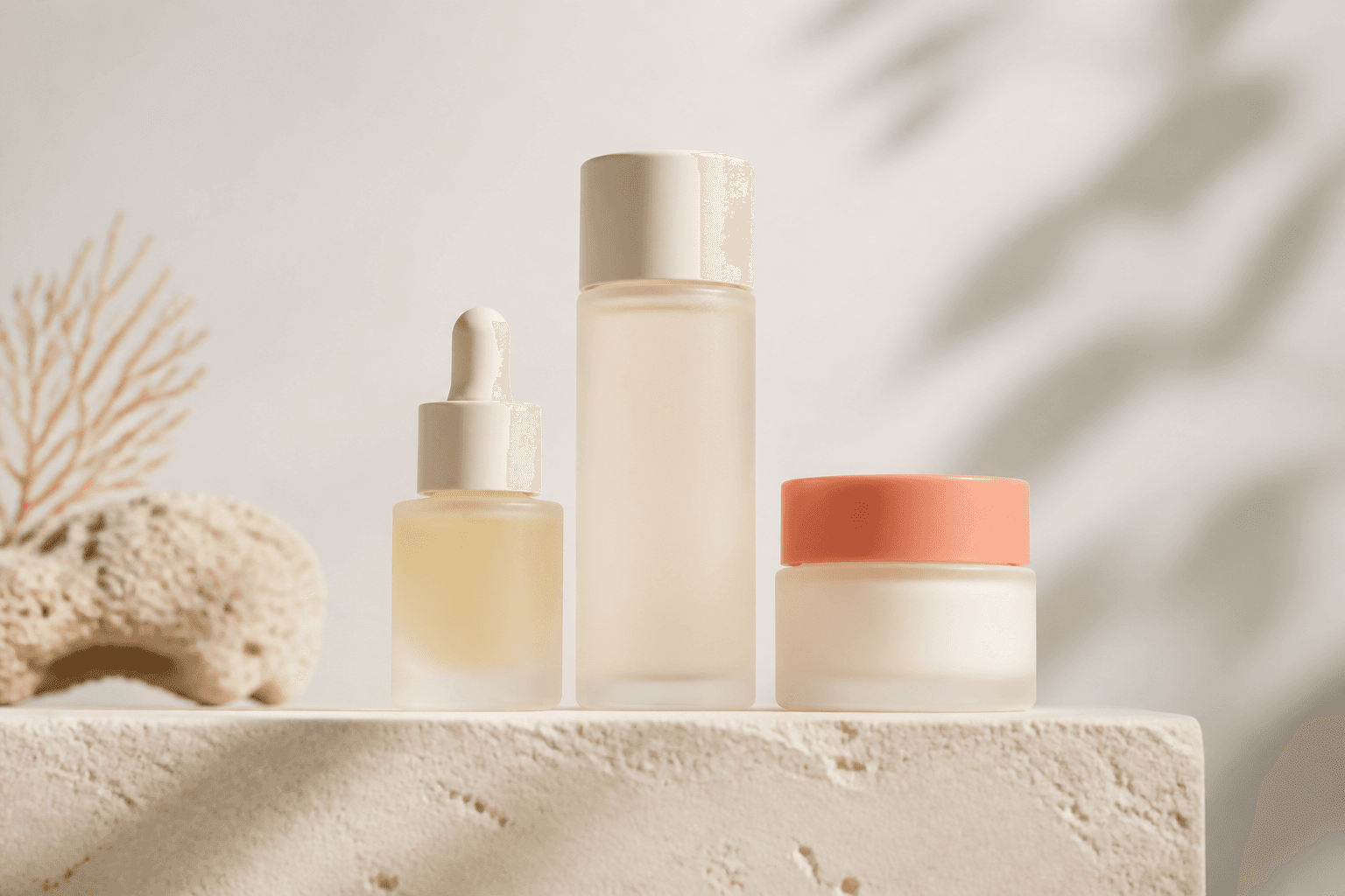 Three frosted skincare bottles on a pale stone plinth
