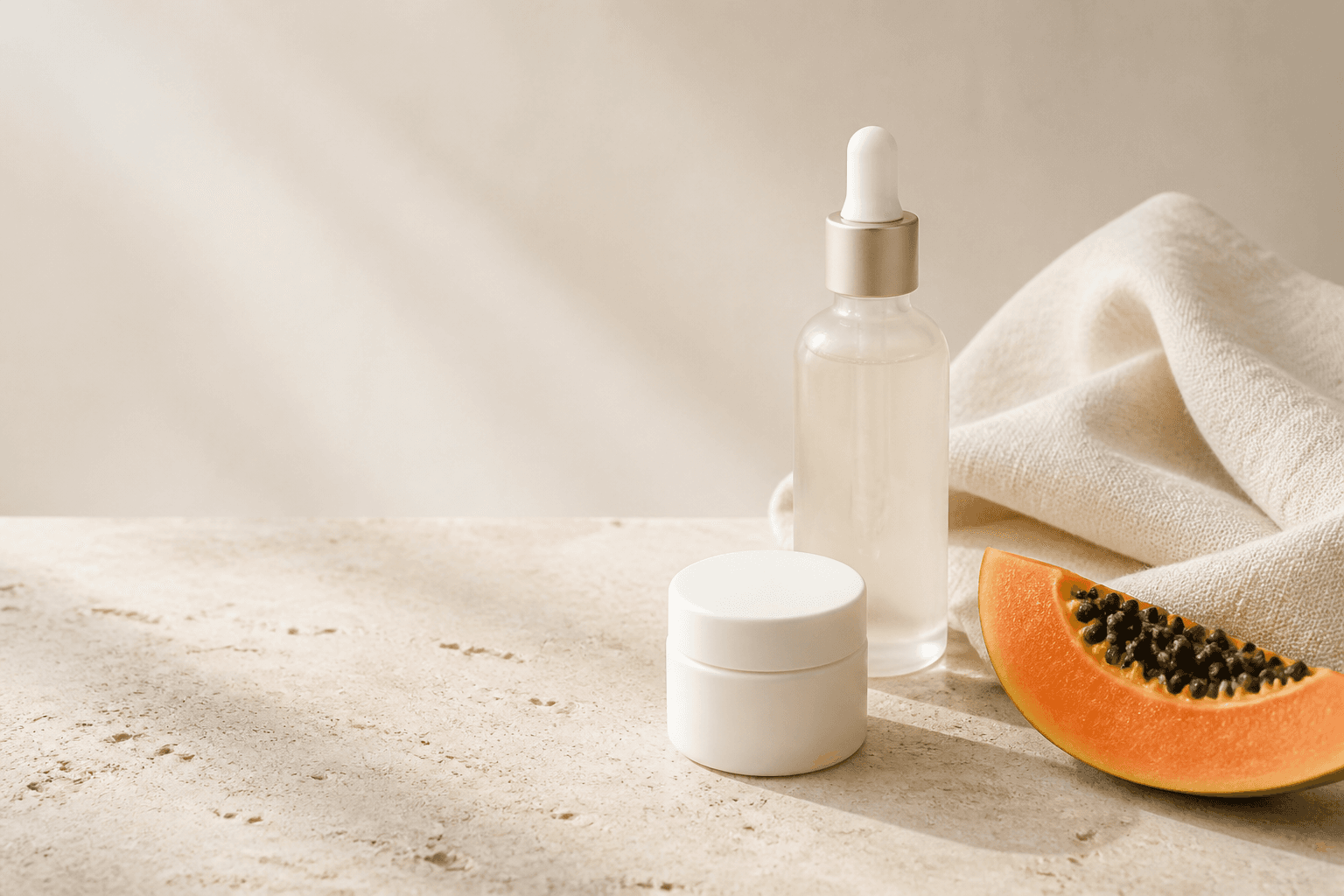 Skincare bottles, linen and a slice of papaya on warm travertine