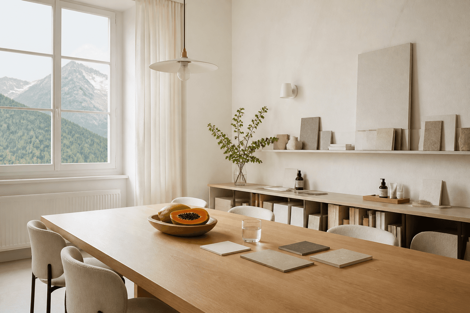 Papaya Pulse studio: oak table, material samples and a bowl of papaya by a window